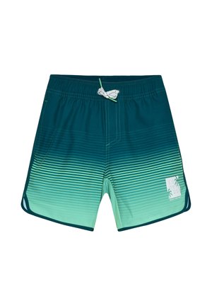 Blauwgroene gradient zwemshorts met witte horizontale strepen, elastische tailleband, wit trekkoord en een klein wit logo op het linkerbeen.