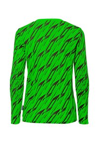 Chemise à manches longues de couleur vert vif avec un motif de rayures diagonales noires. Fabriquée en tissu extensible, elle présente un design ajusté et un col rond.