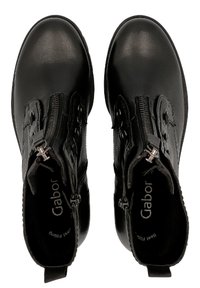 Black ankle boots made of smooth leather, featuring dual side zippers, rounded toe, and flexible sole. Textured accents on the sides.