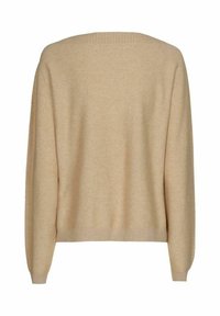 Beige Wollpullover mit rundem Ausschnitt, fallenden Schultern und gerippten Bündchen und Saum. Glatte Textur mit lockerer Passform.
