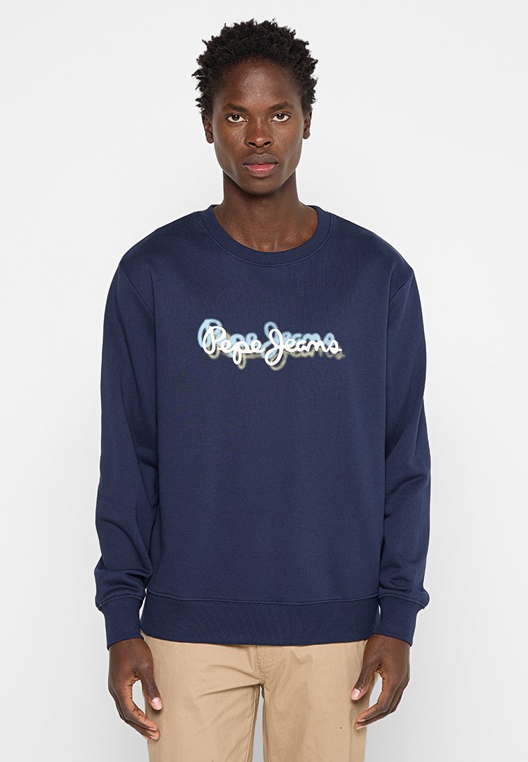 Granatowy sweatshirt z bawełny, z okrągłym dekoltem i długimi rękawami. Logo "Pepe Jeans" w jasnoniebieskim kursywnym druku na przodzie.