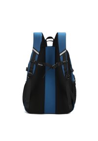 Sac à dos bleu et noir avec des bretelles rembourrées, une texture en maille au dos et des accents réfléchissants pour la visibilité. Sangle de poitrine ajustable incluse.
