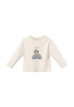 Kremowa niemowlęca koszulka z długim rękawem, z zielonym obrazkiem samochodu nad drogą i napisem "Gotowy na przygodę" z przodu. Dwa zatrzaski na ramieniu.