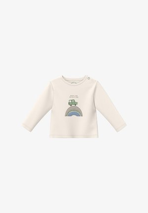 Chemise pour bébé à manches longues couleur crème avec une illustration de voiture verte au-dessus d'une route et le texte « Prêt pour l'aventure » sur le devant. Deux boutons-pression sur l'épaule.