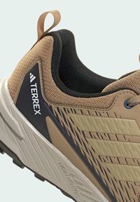 Tan sportssko med tekstureret mesh-overdel, sort krave og fremtrædende "Terrex" logo. Gummi sål med distinkt mønster.