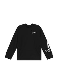 Felpa nera con collo rotondo, maniche lunghe, logo Nike swoosh bianco sul petto e dettaglio decorativo a motivo sulla manica.