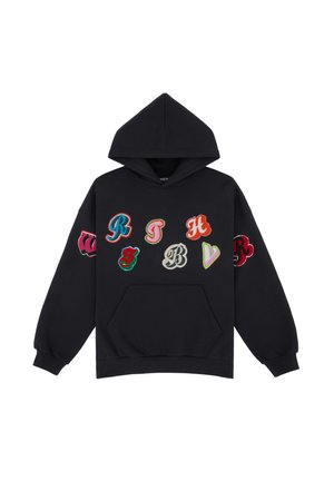 Black hoodie with a large front pocket. Features colorful embroidered letters on the front and right sleeve. Soft texture, casual fit.