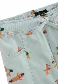 Shorts bleu clair ornés d'un imprimé d'ours avec des planches de surf. Fabriqués dans un tissu lisse, avec une taille élastique et un cordon de serrage.