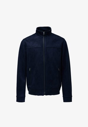 Granatowa zamszowa kurtka z wysokim kołnierzem, przednim zamkiem błyskawicznym i dwoma bocznymi kieszeniami. Charakteryzuje się gładką teksturą i ściągaczami na mankietach.