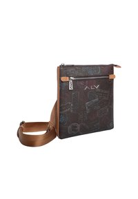 Borsa a tracolla marrone e nera con un design testurizzato che presenta francobolli multicolore e una tracolla rimovibile. Accenti in metallo argentato.