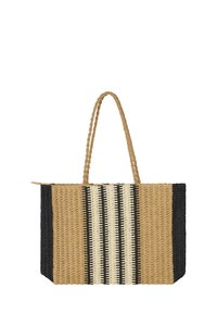 Geweven draagtas in bruin, zwart en crème, met dikke gevlochten handvatten en een gestreept patroon met een gestructureerd oppervlak. Ontwerp met open bovenkant.