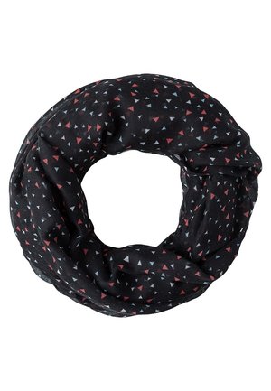 Zwarte infinity-sjaal met kleine rode, witte en blauwe driehoekige patronen die gelijkmatig over de stof verspreid zijn.