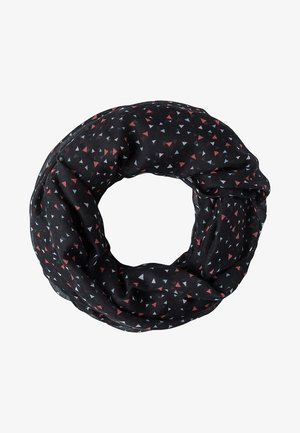 Zwarte infinity-sjaal met kleine rode, witte en blauwe driehoekige patronen die gelijkmatig over de stof verspreid zijn.