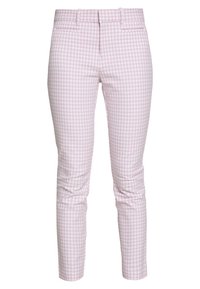 Pantalons à carreaux vichy rose pâle avec une coupe slim, devant plat et passants de ceinture. Le tissu présente une texture lisse avec de subtils détails de plis.