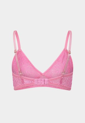 Rosa Spitzen-Bralette mit dreieckigem Cup-Design, verstellbaren Satin-Trägern und einem Haken- und Ösenverschluss auf der Rückseite. Strukturierter Blumenmuster.