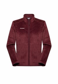Giacca in pile bordeaux con zip frontale, collo alto, motivo traforato e polsini elastici. Presenta il logo del marchio sul petto.