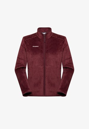 Bordowa kurtka polarowa na zamek z przodu, z wysokim kołnierzem, fakturowanym wzorem i elastycznymi mankietami. Na piersi znajduje się logo marki.