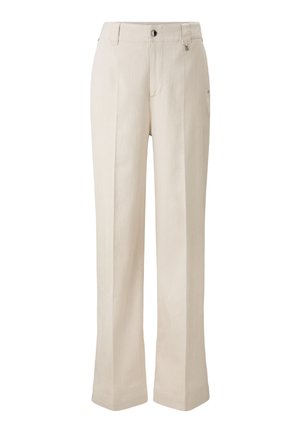 Beige wide-leg pants made of lightweight fabric. Features a flat front, belt loops, and a single front pocket with a button closure.