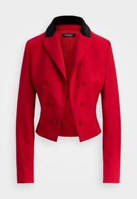 Červený skrátený blejzer s čiernym klopovým golierom, dvojradovým zapínaním, okrúhlymi gombíkmi a jedným vreckom na hrudi. Hladká textúra látky.