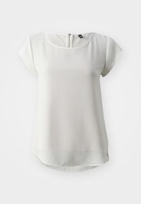 Top bianco a maniche corte con scollatura rotonda, tessuto sottile e orlo curvo. Presenta una zip sul retro per la chiusura.