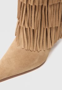 Botte en suede beige montant jusqu'au genou avec des détails en franges, bout pointu, texture lisse et silhouette élancée.