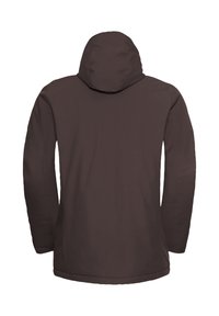 Veste isolée marron avec une capuche, texture lisse, manches longues, coutures latérales et ourlet droit, vue de dos.
