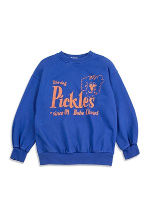 Sweat-shirt bleu avec texte orange "The dog Pickles since 09 Bobo Choses" et un visage de chien dessiné en cartoon sur le devant.