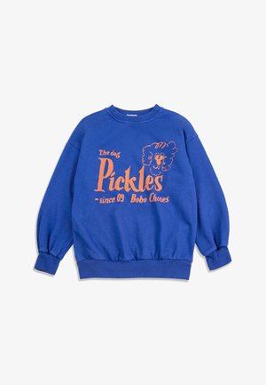 Sudadera azul con texto naranja que dice "The dog Pickles since 09 Bobo Choses" y una cara de perro de dibujos animados ilustrada en el frente.