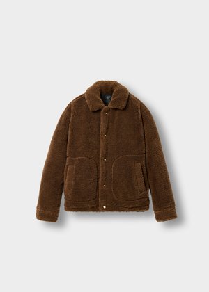 Brown fluffy jacket with a collar, featuring button closure, two front pockets, and a textured fabric. No visible hardware or patterns.