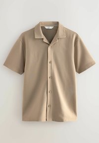 Short-sleeve button-up shirt in light tan with a ribbed texture, featuring a flat collar and five front buttons, designed with horizontal stripes.