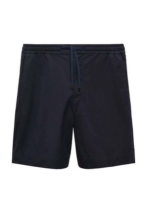 Marineblå herreshorts med elastik i taljen og snøre, sidelommer og en lige kant.