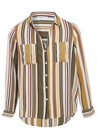 Chemise à boutons rayée avec des motifs verticaux en vert, jaune, marron et blanc ; comprend deux poches avant et un ourlet arrondi.