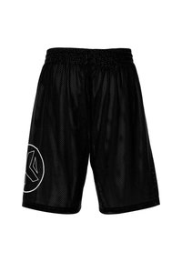 Shorts de basketball en maille noire avec taille élastique, poches latérales et graphique logo blanc sur la jambe gauche.