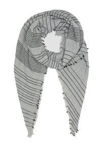 Écharpe grise avec des lignes et des rayures noires à pois. Bords effilochés, tissu léger, drapée en forme circulaire, affichant des motifs complexes.