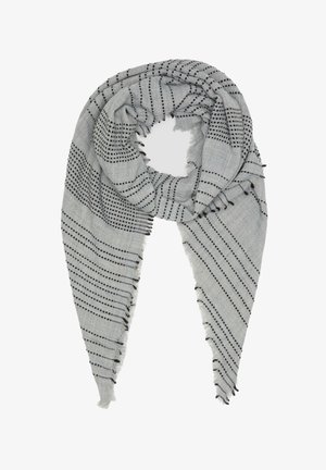 Grijze sjaal met zwarte stippen en strepen. Gefranste randen, lichte stof, gedrapeerd in een cirkelvormige vorm, met complexe patronen.