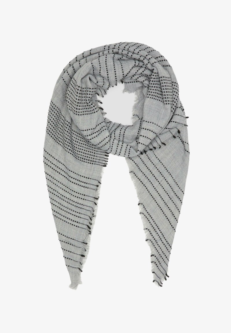 Écharpe grise avec des lignes et des rayures noires à pois. Bords effilochés, tissu léger, drapée en forme circulaire, affichant des motifs complexes.