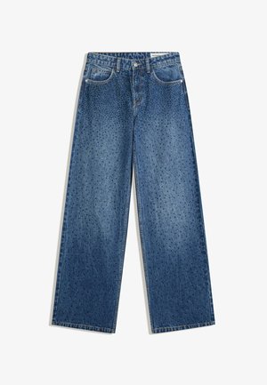 Modre denim široke hlače z blagim kamnitim videzom, petimi žepi in pikastim vzorcem po celotnem blagu.