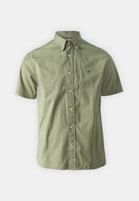 Kortebloemshirt van lichtgroene katoen. Heeft een button-down kraag, knopen aan de voorkant en een klein merklogo op de borst.