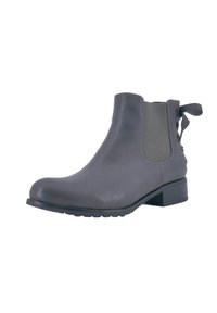 Bottines en cuir gris avec panneaux latéraux élastiques, à bout rond et petit talon bloc. Présente un détail en ruban à l'arrière pour l'accent.