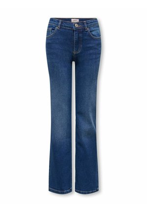 Blå denim bootcut jeans med frontknap og lynlås, bæltestropper og forlommer, vist på en hvid baggrund.