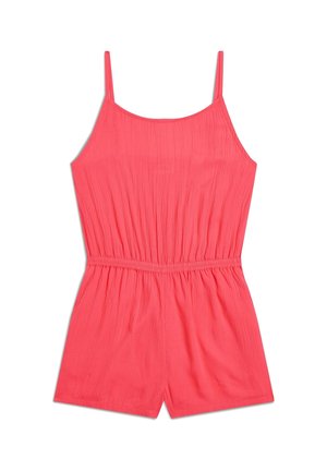 Koraļļu bezpiedurkņu kombinezons ar saplacinātu vidukli, izgatavots no teksturēta auduma. Iespēj am plānas siksnas un brīvu piegriezumu ar šortiem.