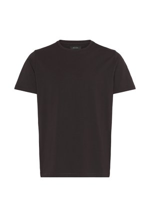 Crna majica s okruglim izrezom, napravljena od mekanog pamuka. Kratki rukavi, klasičan kroj, glatka tekstura bez vidljivih uzoraka ili ukrasa.