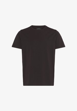 Crna majica s okruglim izrezom, napravljena od mekanog pamuka. Kratki rukavi, klasičan kroj, glatka tekstura bez vidljivih uzoraka ili ukrasa.