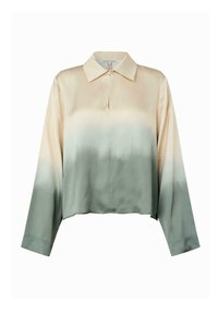 Blusa in satin con design ombre, che passa da pesca chiaro nella parte superiore a verde morbido nella parte inferiore, con colletto classico e maniche lunghe.