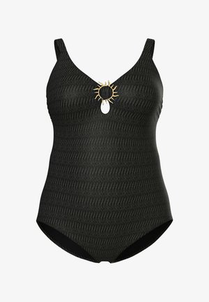 Schwarzer einteiliger Badeanzug mit strukturierter Oberfläche, breiten Trägern und einem goldfarbenen, sonnenförmigen Metallakzent am zentralen Schlüsselloch am Ausschnitt.