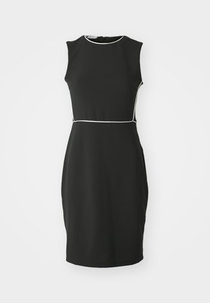 Vestido preto sem mangas com decote redondo, apresentando acabamento branco ao longo do pescoço e da cintura. Tecido suave com silhueta ajustada.