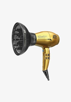 Parlux Alyon Gold haardroger met een gouden behuizing, zwarte speciale diffuseraccessoire, knoppen voor instellingen en een textuur handvat.
