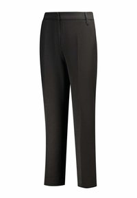 Pantalons noirs ajustés avec une texture lisse, dotés d'un design à jambe droite et d'une taille mi-haute. Pas de motifs ou d'accents visibles.
