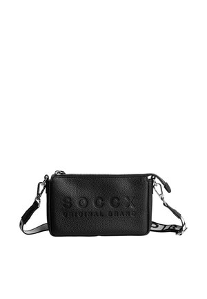 Black textured leather crossbody bag with zipper, embossed SOCX branding, and adjustable fabric strap with metal clasps.