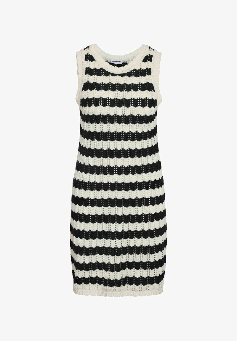 Robe sans manches en tricot présentant des rayures noires et blanches alternées, une texture en tissage ouvert, ainsi qu'un col et un ourlet côtelés.